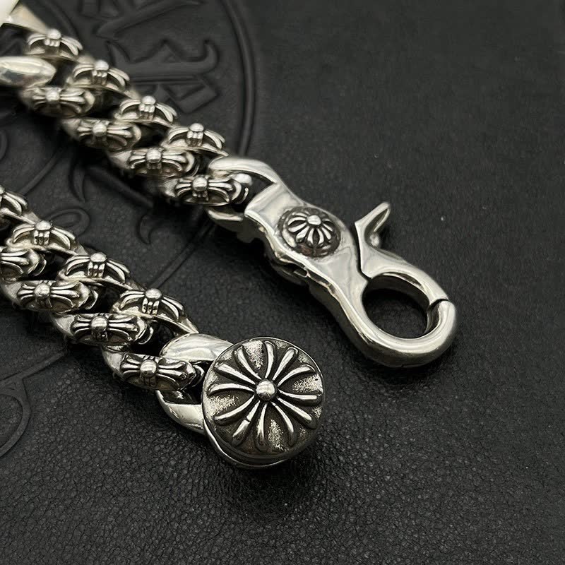Chrome Hearts Silver Tone Chain Bracelet with Floral and Sword Design
